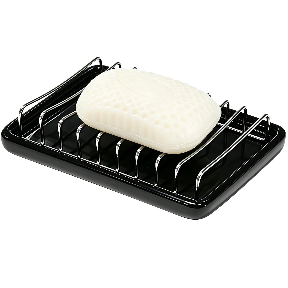 Ceramic Soap Dish with Stainless Steel Drain Tray Self Draining Soap Holder Sponge Holder Soap Dishes for Shower, Bathroom, Kitchen Sink