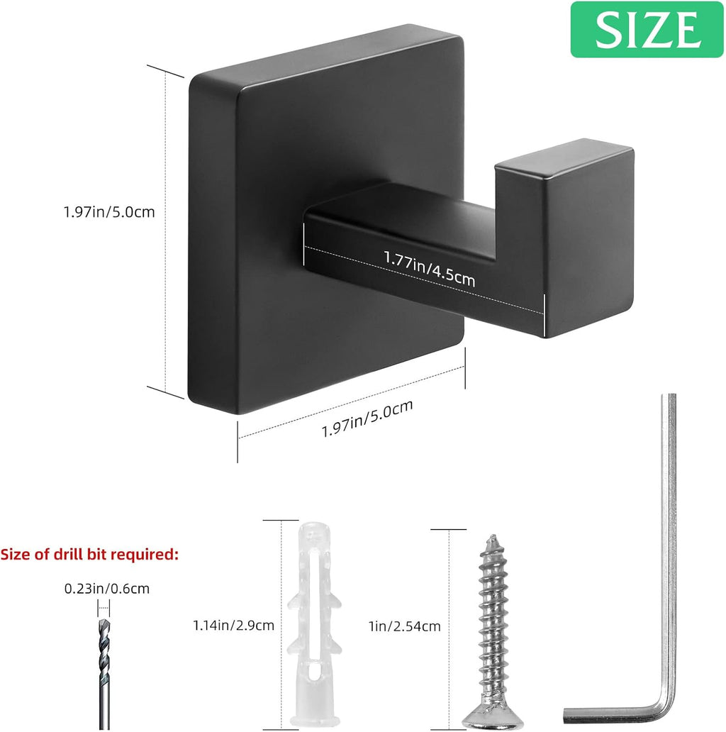 Heavy Duty Stainless Steel Towel Hooks, Wall Mounted Square Robe Hooks for Bathroom, Kitchen, Bedroom, Hotel Matte Black 2 Pack