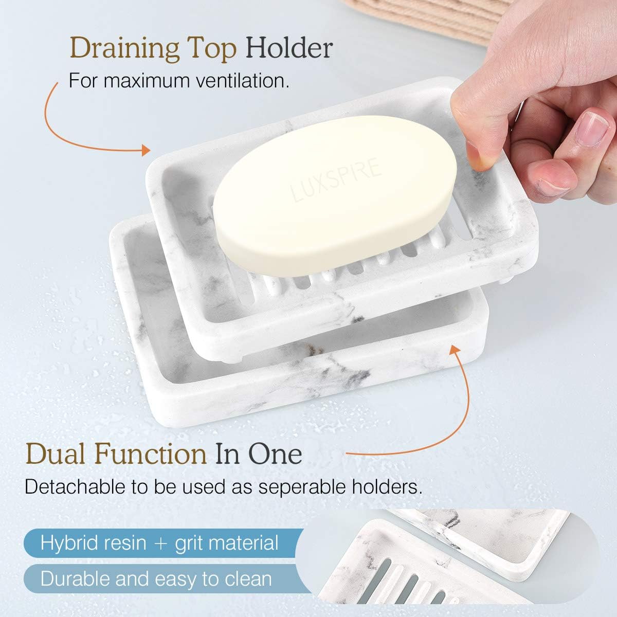 Luxspire Soap Dish Tray, Double Layer Soap Holder, White Marble