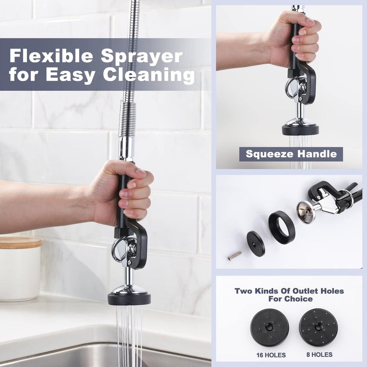 Commercial Kitchen Faucet Deck Mount with Pre-Rinse Sprayer 26" Height Kitchen Sink Faucet 8 Inch Center with 10" Add-on Swing Spout Faucet & Coiled Spring Pull Down Spray