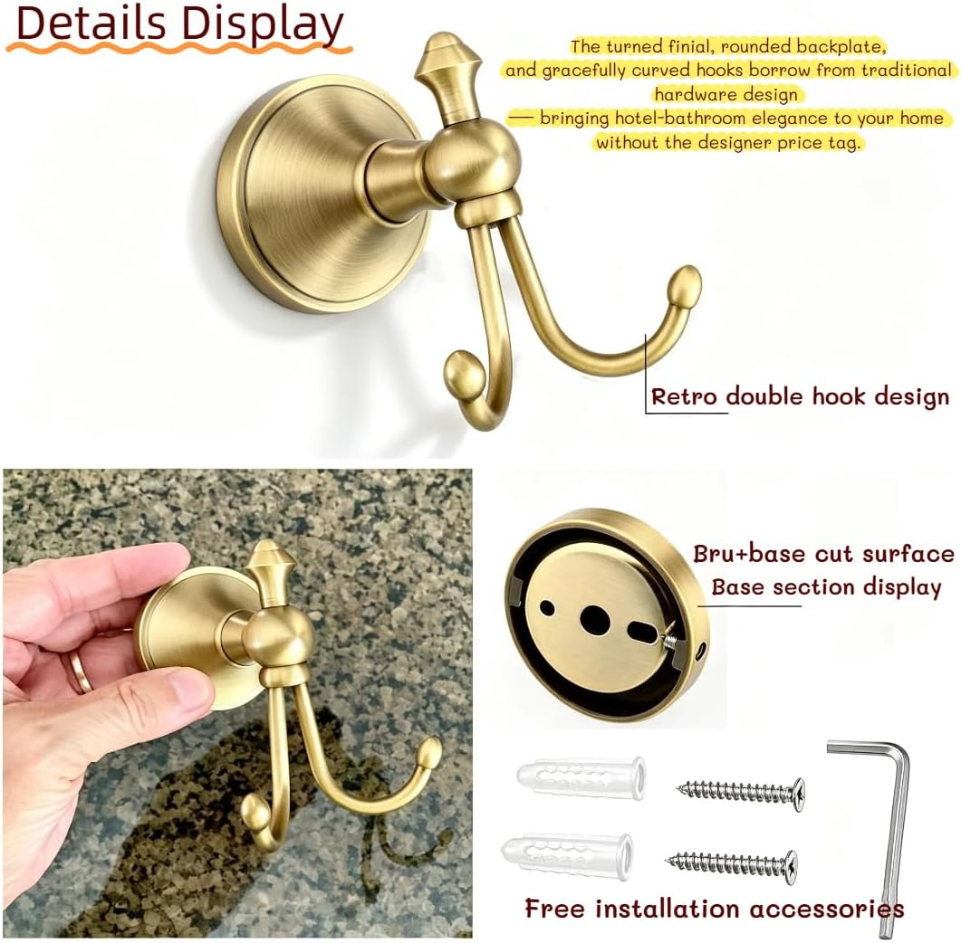 2 Pcs Pack Antique Brass Towel Hook Vintage Coat Hook with 2 Hooks Wall Mounted Robe Hooks for Bathrooms and Kitchen Bronze Hand Towel Hook Hanger with Brushed Gold Finish
