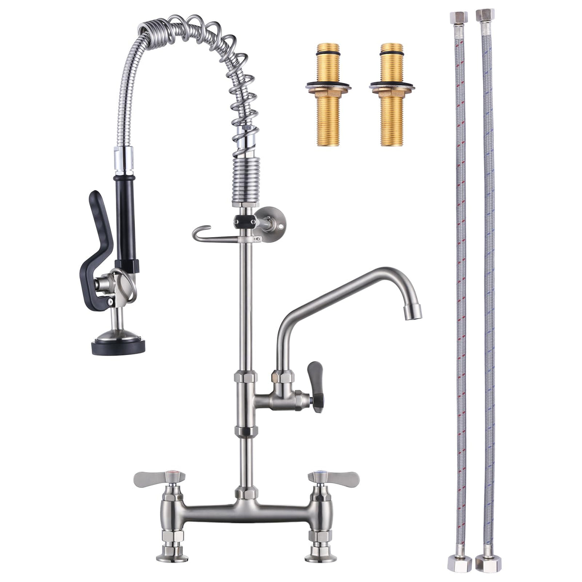 Commercial Kitchen Faucet Deck Mount with Pre-Rinse Sprayer 26" Height Kitchen Sink Faucet 8 Inch Center with 10" Add-on Swing Spout Faucet & Coiled Spring Pull Down Spray