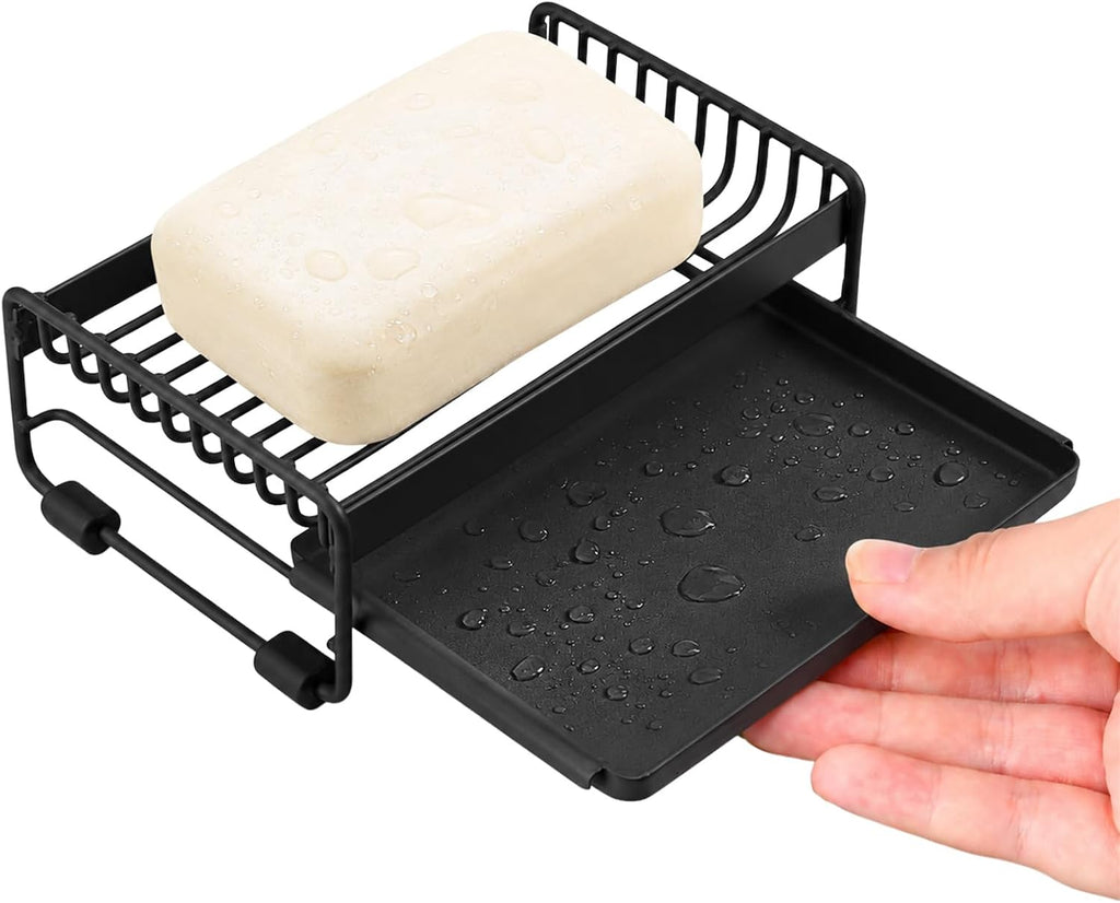 Soap Dish for Shower, Carbon Steel Bar Soap Holder with Water Tray, Soap Organizer for Bathroom, Kitchen Sink and Countertop(Black)
