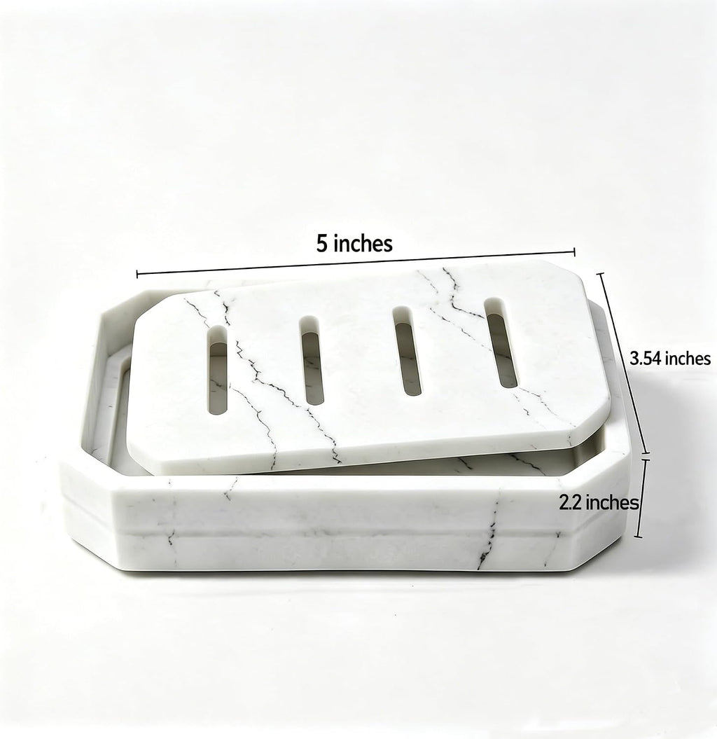 Drainable Soap Dish, Double Layer Resin Soap Holder with Marble-Look, Non-Slip Silicone Feet Soap Saver for Bathroom