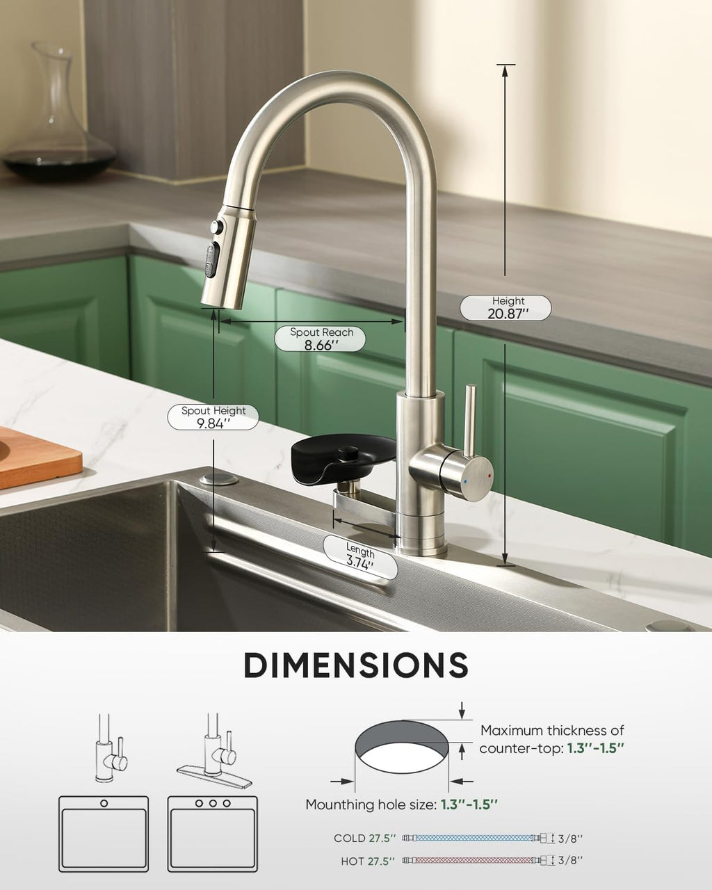Kitchen Faucet with Cup Washer Pull Down Sprayer Stainless Steel Kitchen Sink Faucet with Deck Plate Glass Rinser Single Hole Brushed Nickel