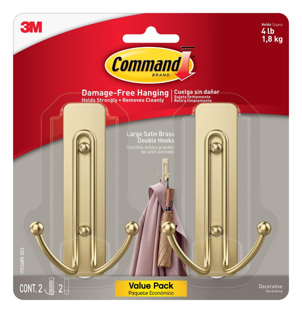 Command Large Matte Black Double Hooks, 2 Hooks and 2 Strips, Damage Free Hanging Wall Hooks with Adhesive Strips, No Tools Coat Hooks for Hanging Home Decor, Holds up to 4 lb
