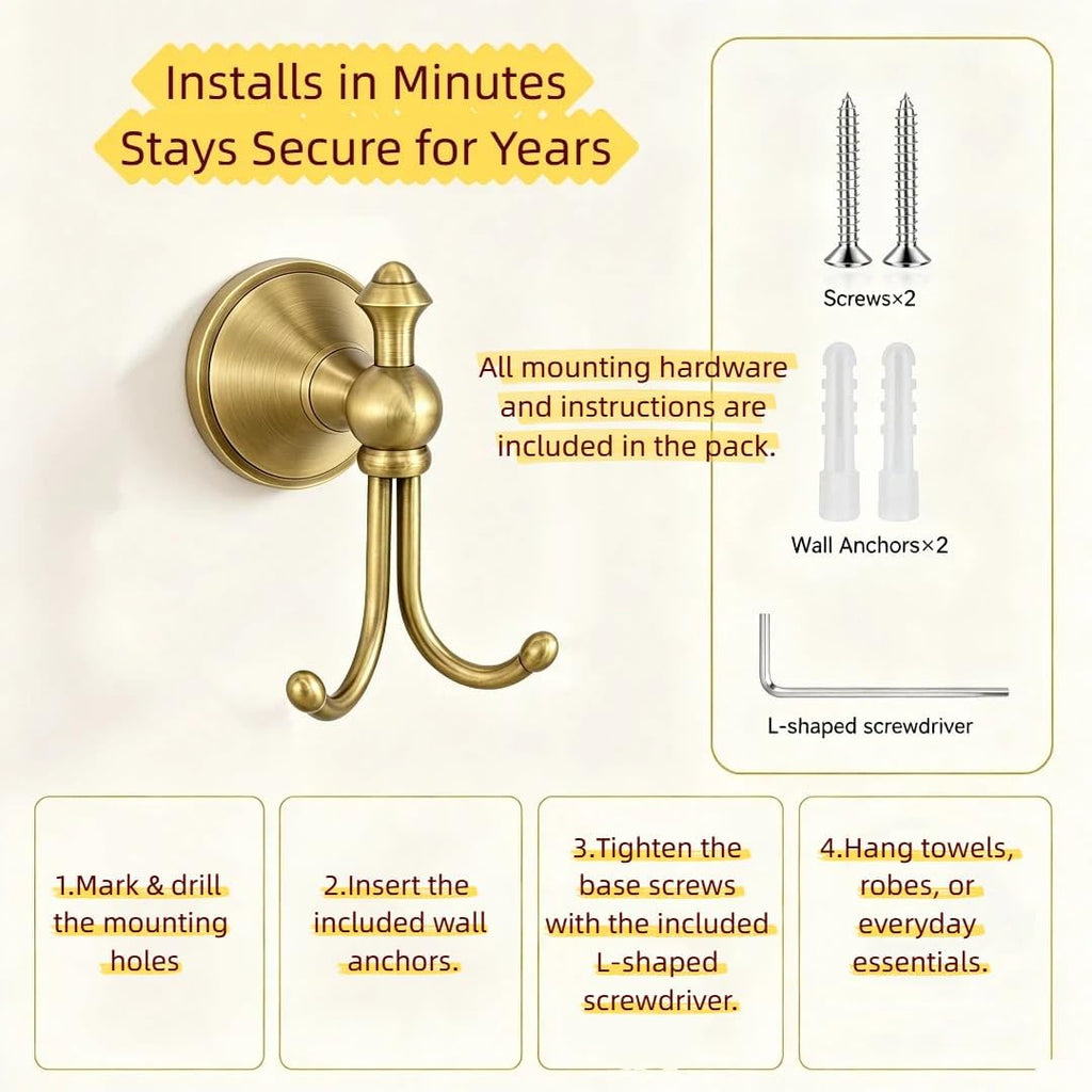 2 Pcs Pack Antique Brass Towel Hook Vintage Coat Hook with 2 Hooks Wall Mounted Robe Hooks for Bathrooms and Kitchen Bronze Hand Towel Hook Hanger with Brushed Gold Finish