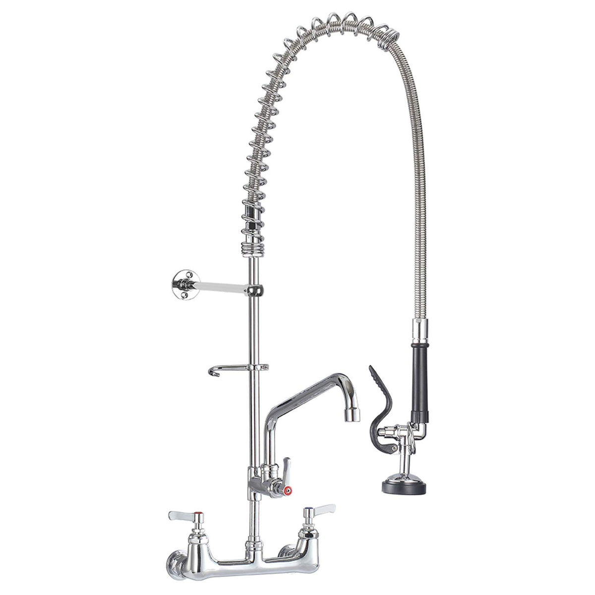 Commercial Wall Mount Kitchen Sink Faucet Brass Constructed Polished Chrome Pre-Rinse Device 25" Height 8" Center with Spring Pull Down Sprayer and 12" Add-on Spout (25 inches)