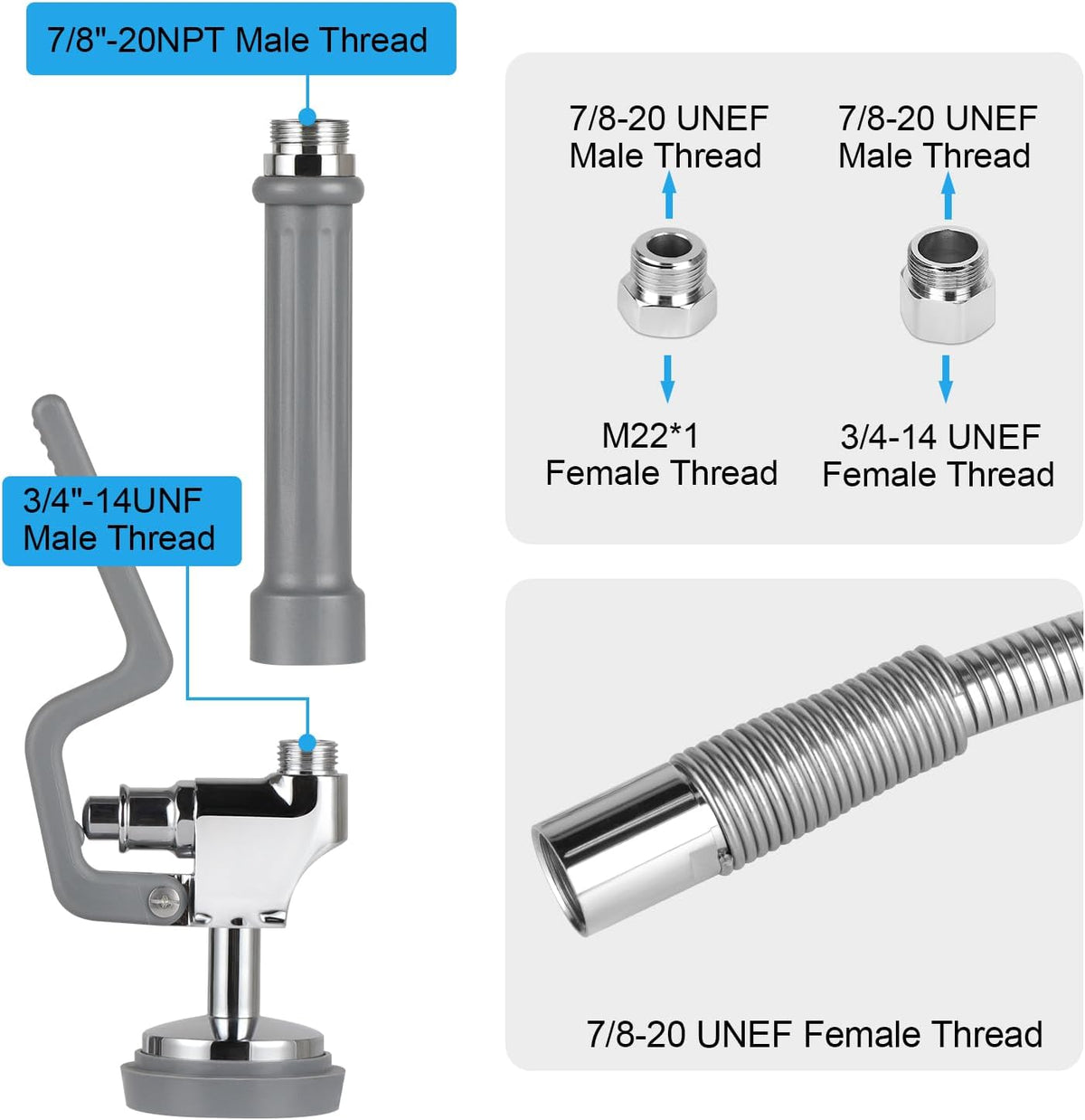 44” Pre Rinse Hose with Sprayer Valve, 1.42 GPM Commercial Sink Sprayer with Stainless-Steel Hose Replacement Kit for Commercial Restaurant Kitchen Faucet - Grey