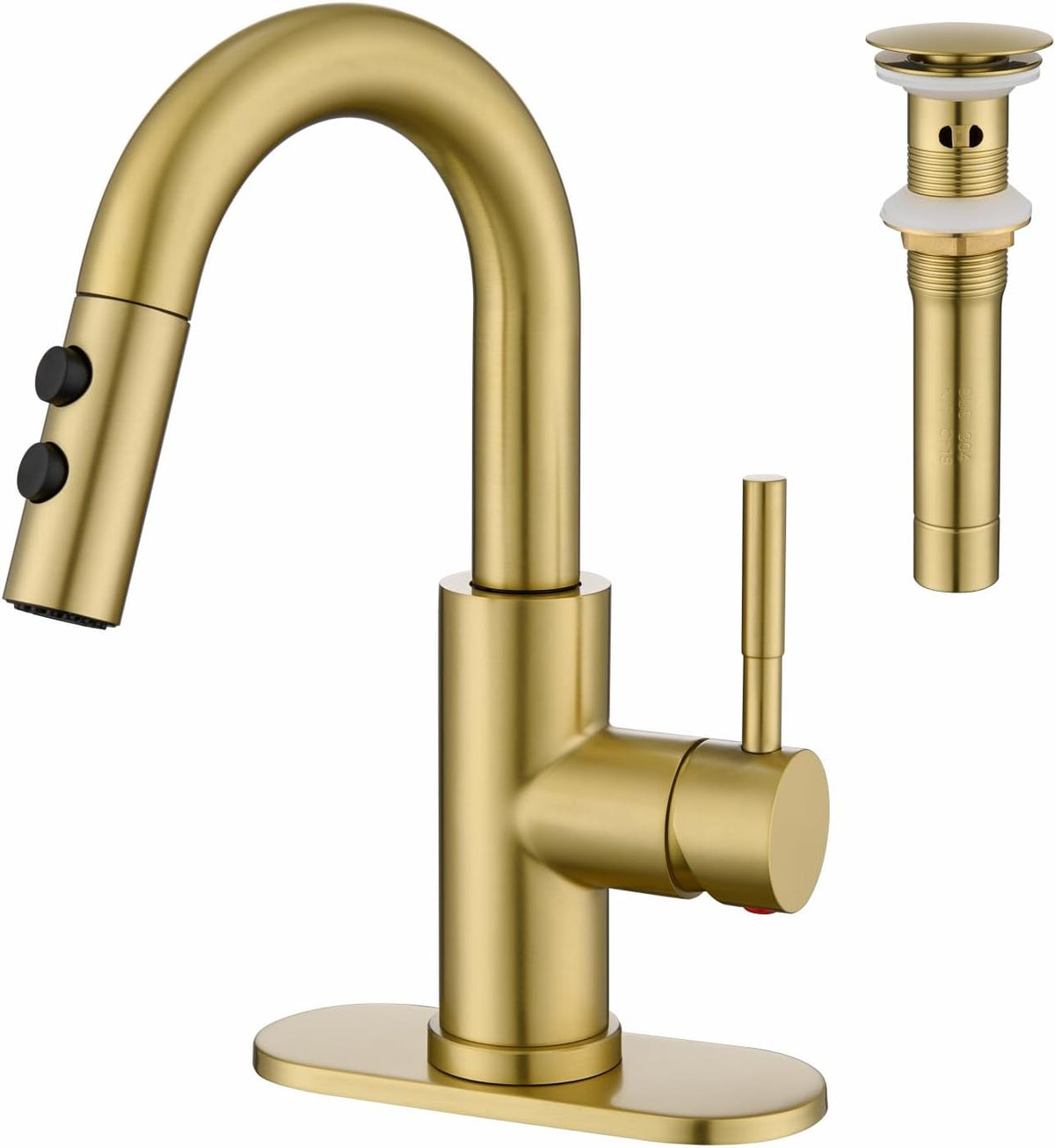 Bathroom Faucet with Sprayer, Brushed Gold Single Hole with Pop-Up Drain