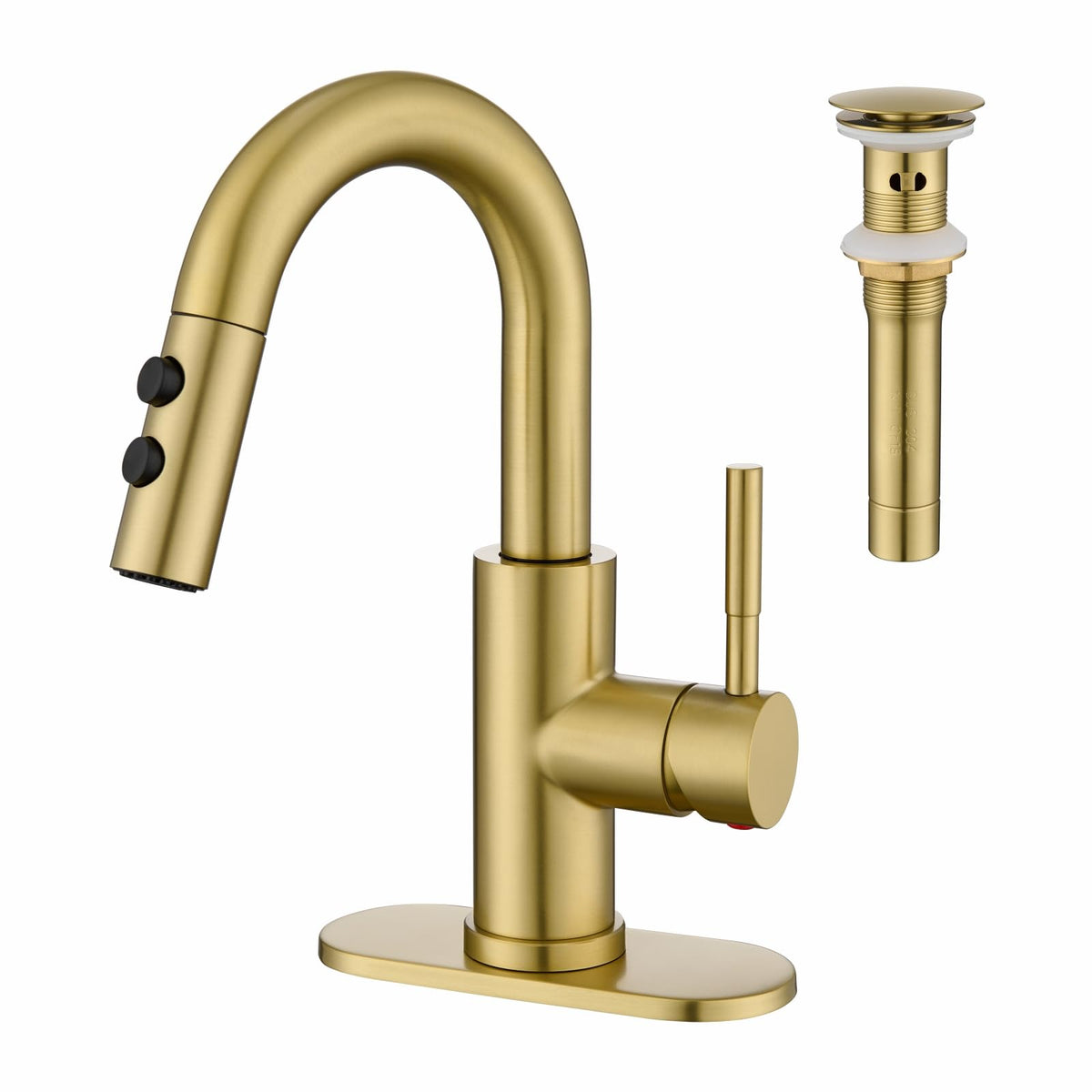 Bathroom Faucet with Sprayer, Brushed Gold Single Hole with Pop-Up Drain