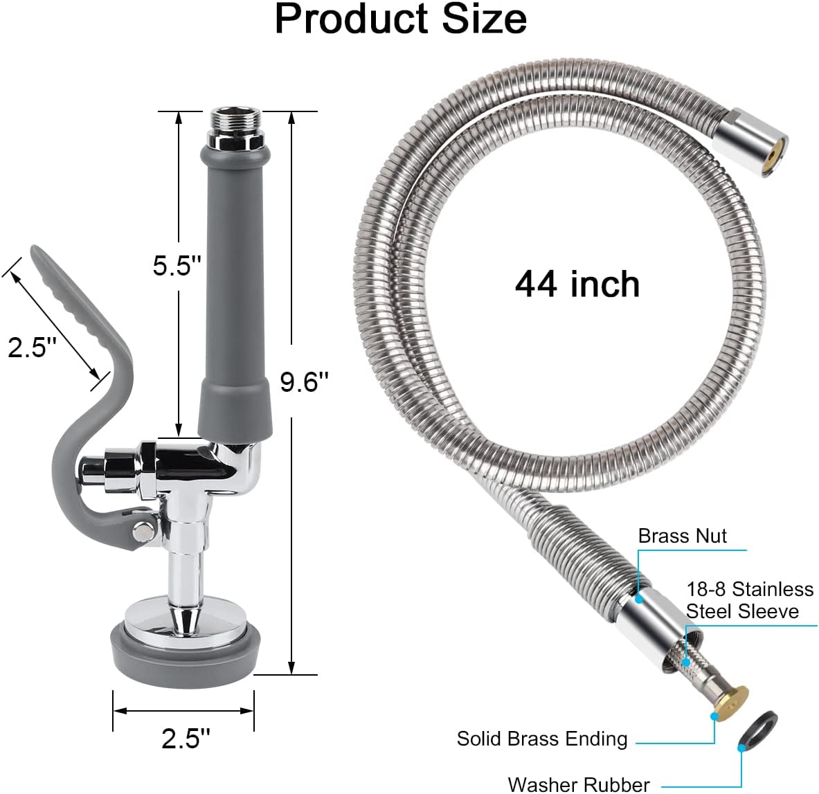 Commercial Sink Sprayer with 45" Flexible Stainless Steel Hose, Pre-Rinse Dish Spray Valve Replacement Kit Assembly Sprayer Nozzle Head for Industrial Restaurant Kitchen Faucets, Gray