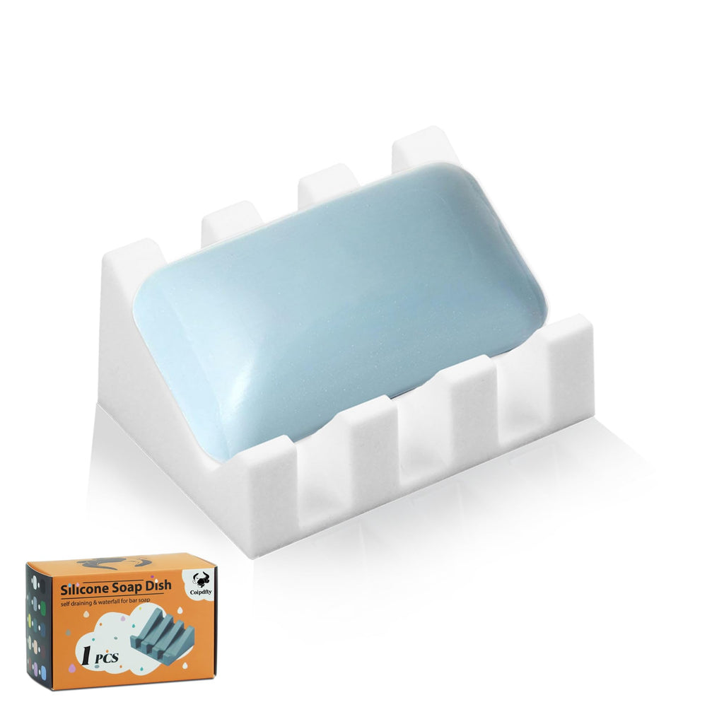 Self Draining Soap Dish Holder,Silicone Soap Dish,for Bathroom,Kitchen, Sponges，Can Extend Soap Life，Keep Soap Bars Dry and Easy Cleaning (White,1-Pack)