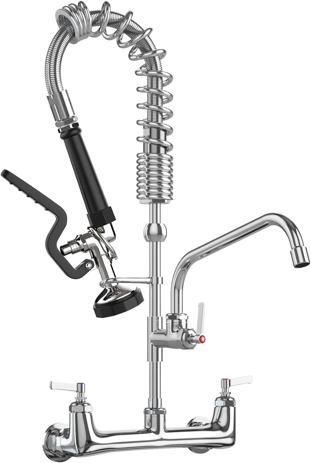 Commercial Wall Mount Kitchen Sink Faucet with Sprayer - 21"" Height 8 inch Center, Add-on 8"" Swing Spout Pre-Rinse Sprayer for 1 or 2 Compartment Sink, KH-KF-002