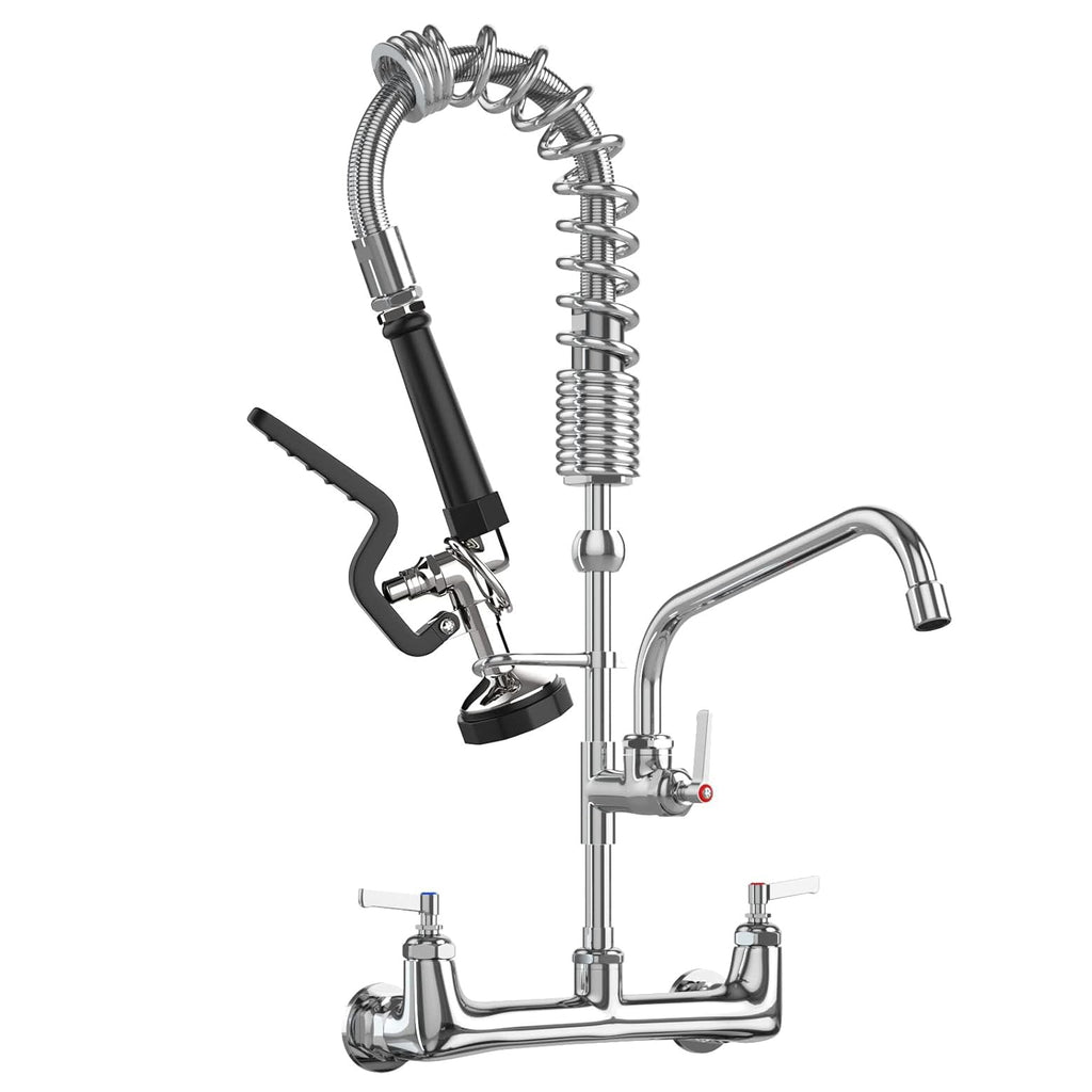 Commercial Wall Mount Kitchen Sink Faucet with Sprayer - 21"" Height 8 inch Center, Add-on 8"" Swing Spout Pre-Rinse Sprayer for 1 or 2 Compartment Sink, KH-KF-002