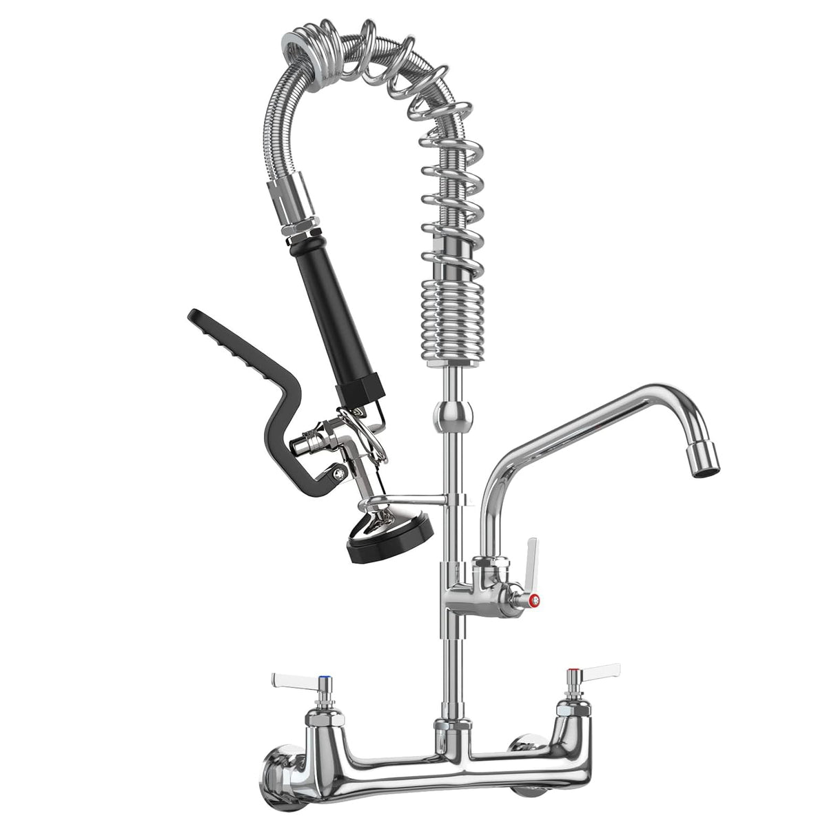 Commercial Wall Mount Kitchen Sink Faucet with Sprayer - 21"" Height 8 inch Center, Add-on 8"" Swing Spout Pre-Rinse Sprayer for 1 or 2 Compartment Sink, KH-KF-002