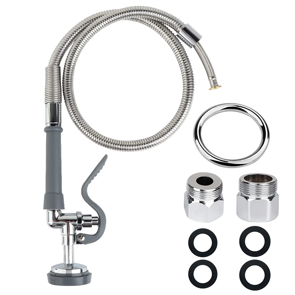 Pre-Rinse Hose with Spray Valve 44 Inch Flexible Stainless Hose with Sprayer Nozzle Head Replacement Kit for Commercial Kitchen Sink Faucet(Free Brass Adapter to Connect Add-on Swivel Spout)