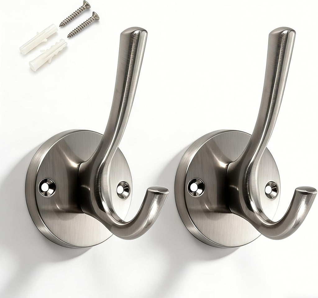 Towel Hooks for Bathrooms Silver Wall Hooks 2 Pack Brushed Nickel Coat Hooks Heavy Duty Towel Wall Hooks for Coats Robes Hats Bath Entryway Cubicle Kitchen Screw in Brushed Nickel Towel Hooks