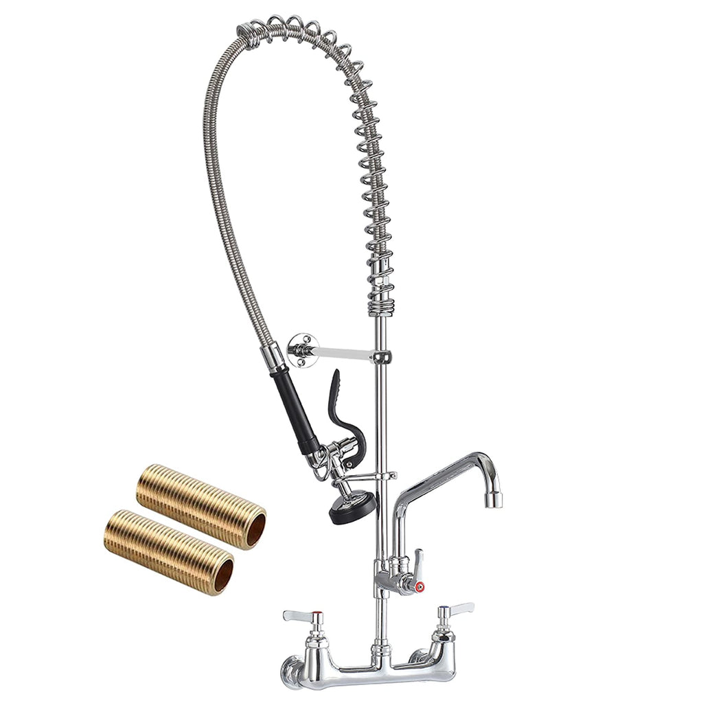 Commercial Faucet with Sprayer 8 Inch Center 25" Height Wall Mount Kitchen Sink Faucets Add On 12" Swing Spout & Pull Down Pre Rinse Sprayer for 1, 2 or 3 Compartment Sink (Polished Chrome)