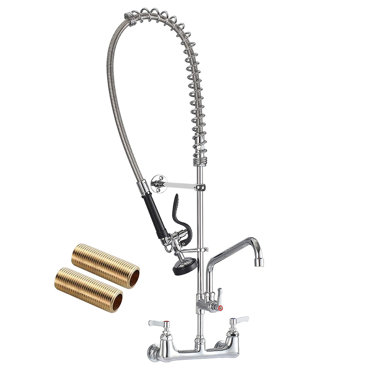 Commercial Faucet with Sprayer 8 Inch Center 25" Height Wall Mount Kitchen Sink Faucets Add On 12" Swing Spout & Pull Down Pre Rinse Sprayer for 1, 2 or 3 Compartment Sink (Polished Chrome)