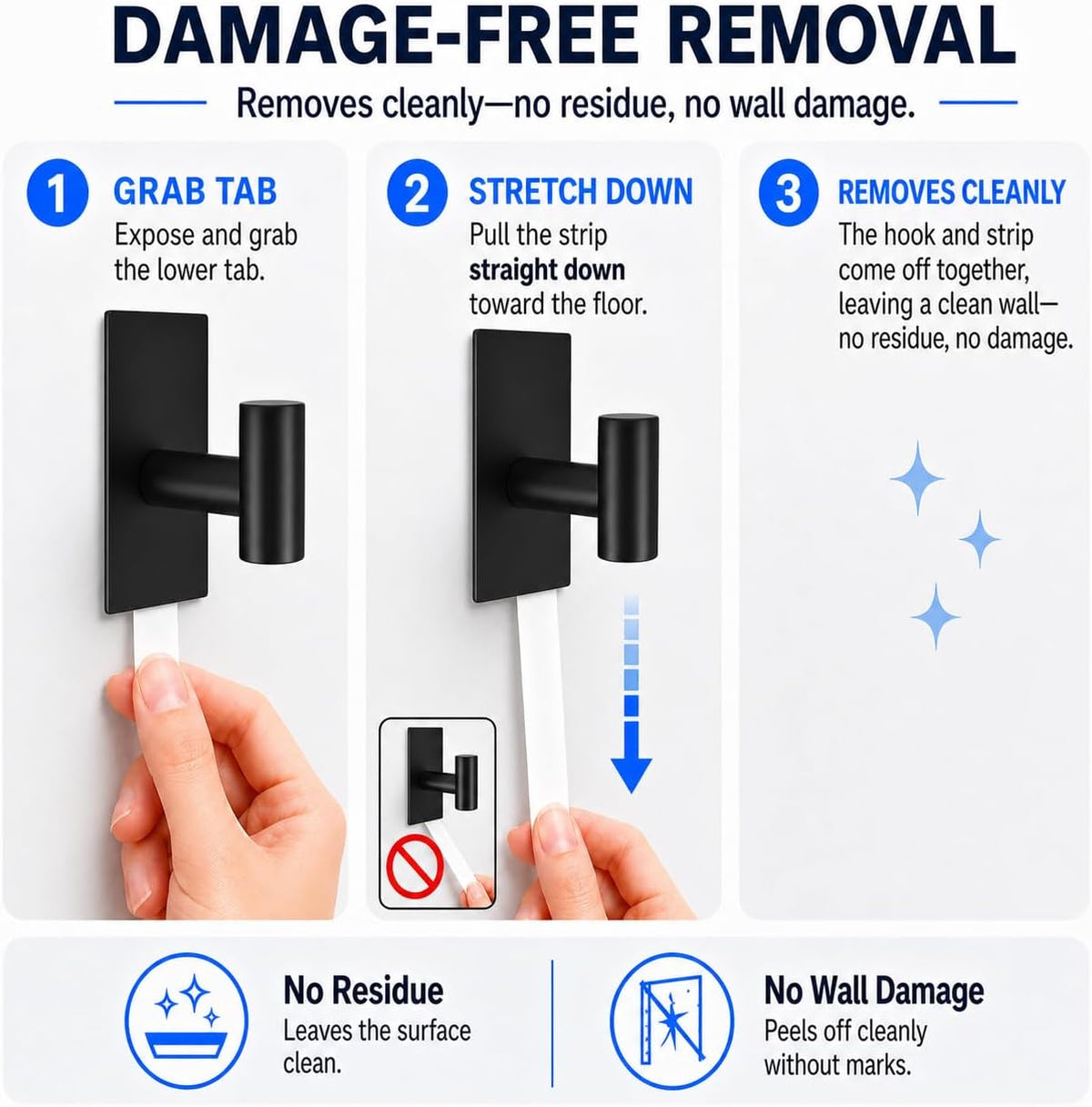 5 Pcs Towel Hooks Heavy Duty for Hanging，Adhesive Wall Hooks with Removable Strips，Sticky No Damage，Outdoor for Bathrooms，Shower，Stockings，Decor，Robe，X-Large，Black 304 Stainless Steel