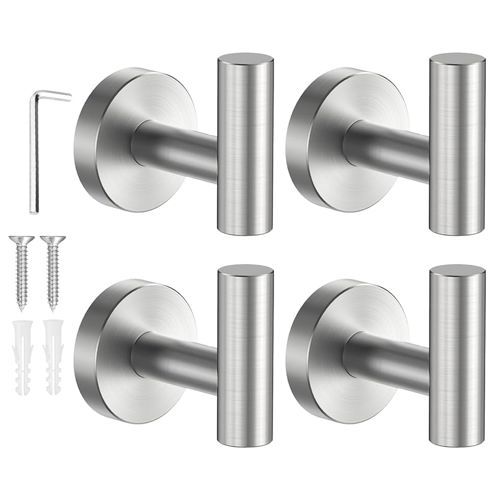 SetSail Towel Hooks for Bathrooms 4 Packs Screw-in Matte Black Bathroom Towel Hook Wall Mounted Stainless Steel Shower Towel Hooks for Coat Hanging, Drill Hole