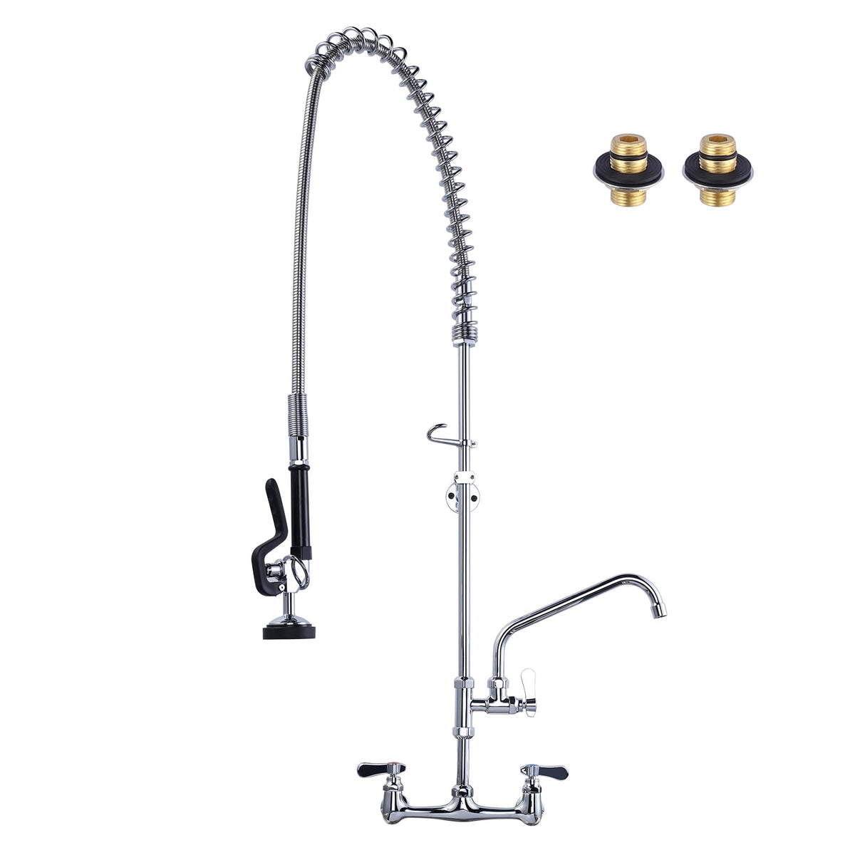 Commercial Kitchen Faucet Wall Mount with Pre-Rinse Sprayer 36" Height Wall Mount Kitchen Sink Faucet 8 Inch Center with 10" Add-on Swing Spout Faucet & Coiled Spring Pull Down Spray