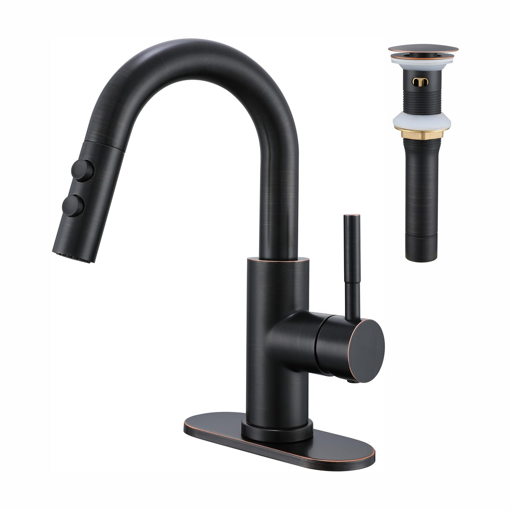 Bathroom Faucet with Sprayer, Brushed Gold Single Hole with Pop-Up Drain