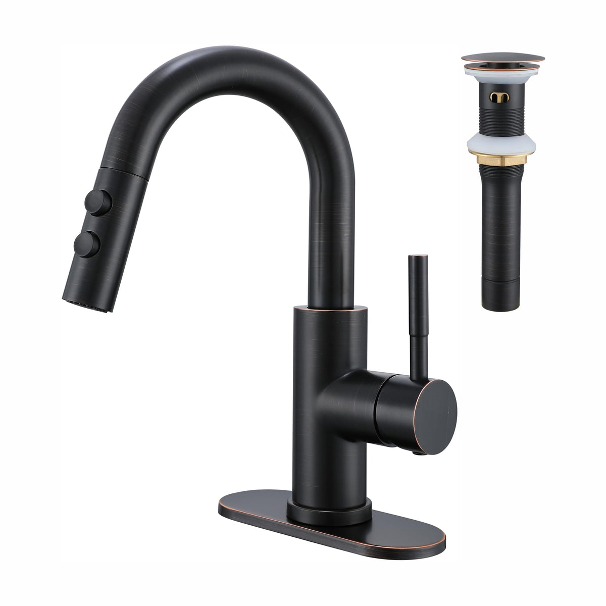 Bathroom Faucet with Sprayer, Brushed Gold Single Hole with Pop-Up Drain