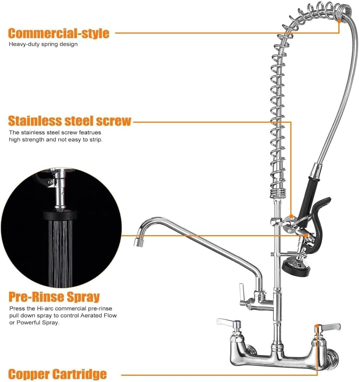 Commercial Sink Faucet with Sprayer for Kitchen: MSTJRY 42" Height 8" Center 14" Swing Spout Pre Rinse Assembly Wall Mount Commercial Faucet with Sprayer Fit for 3 Compartment Sink - Polished Chrome