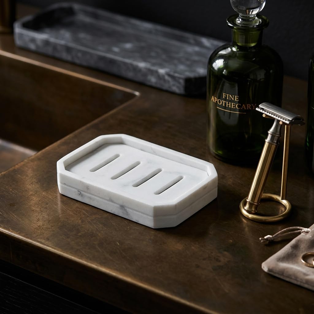 Drainable Soap Dish, Double Layer Resin Soap Holder with Marble-Look, Non-Slip Silicone Feet Soap Saver for Bathroom