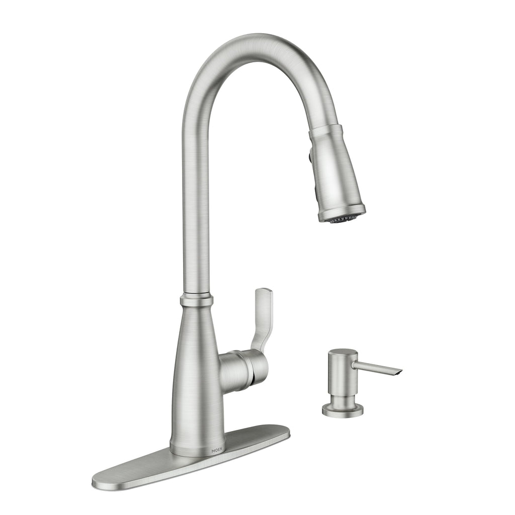 Moen Nolia Chrome One-Handle Pre-Rinse Spring Kitchen Faucet with Pull Down Sprayer, Single Hole Kitchen Sink Faucet with Soap Dispenser, 87886