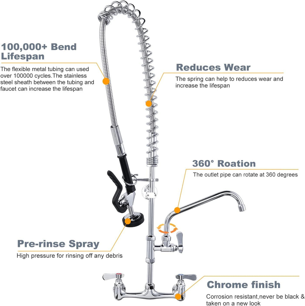Commercial Kitchen Faucet Wall Mount with Pre-Rinse Sprayer 36" Height Wall Mount Kitchen Sink Faucet 8 Inch Center with 10" Add-on Swing Spout Faucet & Coiled Spring Pull Down Spray