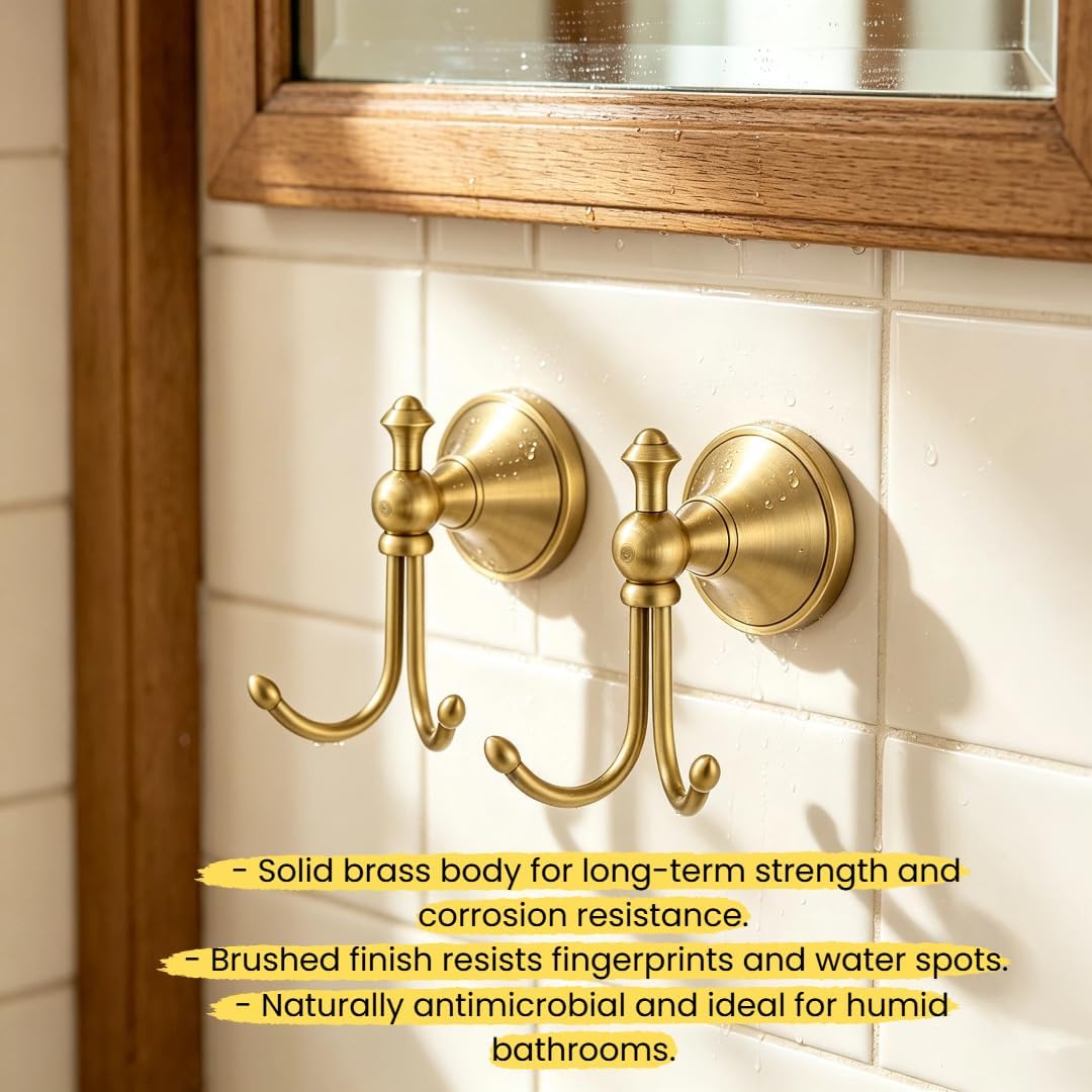 2 Pcs Pack Antique Brass Towel Hook Vintage Coat Hook with 2 Hooks Wall Mounted Robe Hooks for Bathrooms and Kitchen Bronze Hand Towel Hook Hanger with Brushed Gold Finish