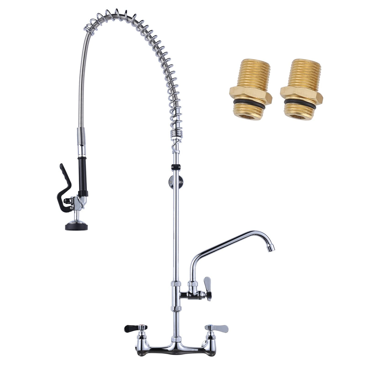Commercial Kitchen Faucet Wall Mount with Pre-Rinse Sprayer 8 Inch Center Wall Mount Kitchen Sink Faucet with 9.6" Add-on Swing Spout 25" Height Faucet with Pull Down Spray