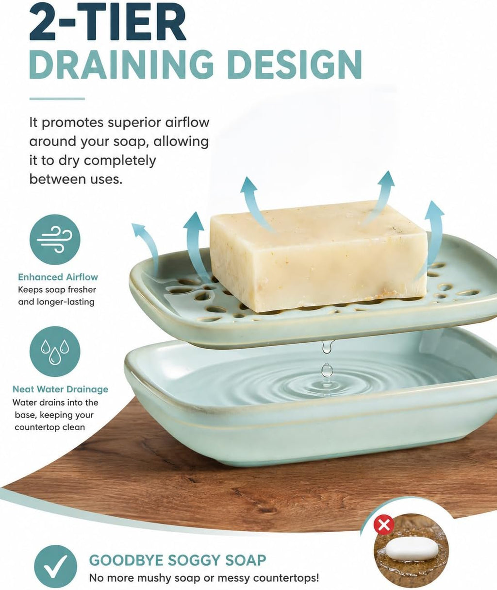 Miamolo Soap Dish for Shower with Drainage 2-Tier Bar Soap Holder Mess-Free