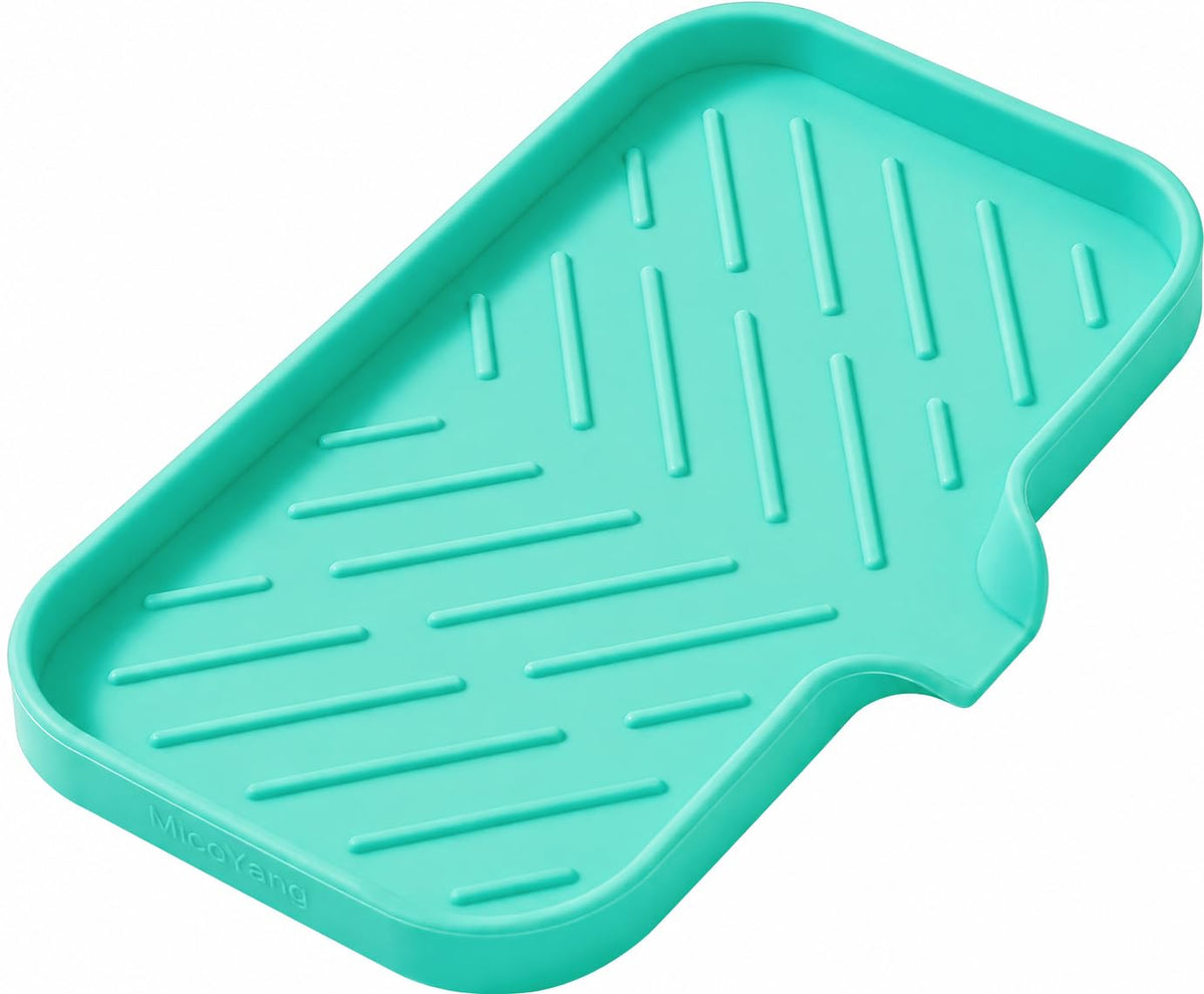 MicoYang Silicone Soap Dish with Drain Spout, Self-Draining Sink Organizer Tray for Bathroom and Kitchen, Sponges, Dispensers and Soap Holder, Non-Slip and Dishwasher Safe, White (Compact, 4.9"×3.2")