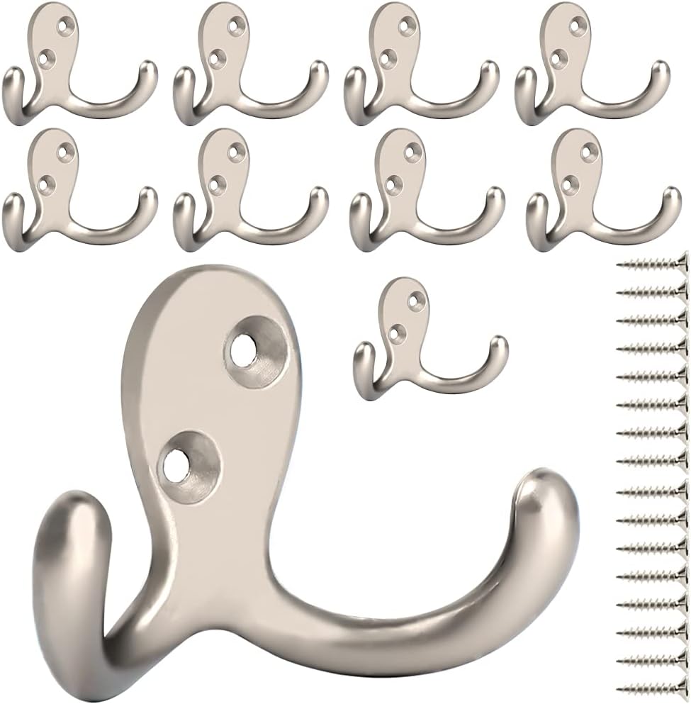 IBosins 10 Pack Silvery Double Prong Coat Hooks Wall Mounted with 20 Screws