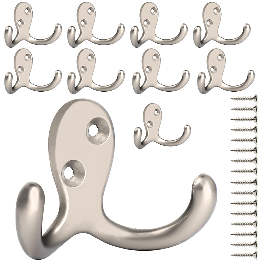 IBosins 10 Pack Silvery Double Prong Coat Hooks Wall Mounted with 20 Screws