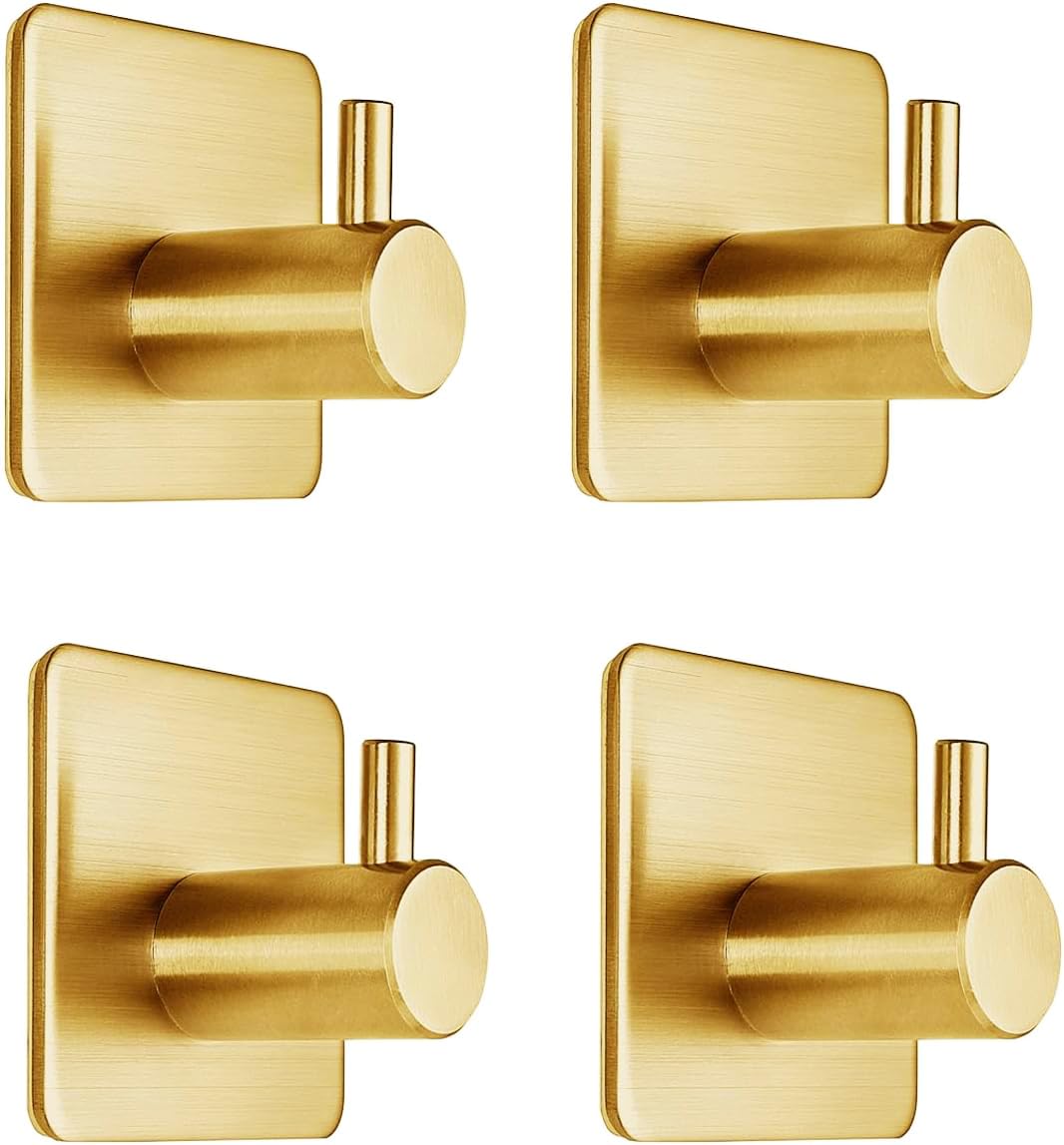 Fotosnow Adhesive Towel Hooks 15lbs Heavy Duty Wall Hooks Waterproof Stainless Steel Hanger for Hanging Coat, Hat, Towel Robe Hook Rack Wall Mount- Bathroom and Bedroom 4-Packs