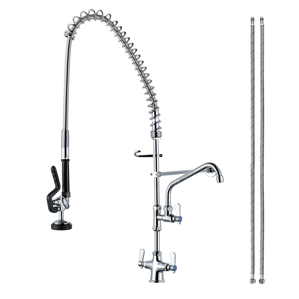Commercial Kitchen Faucet Deck Mount with Pre-Rinse Sprayer 26" Height Kitchen Sink Faucet 8 Inch Center with 10" Add-on Swing Spout Faucet & Coiled Spring Pull Down Spray