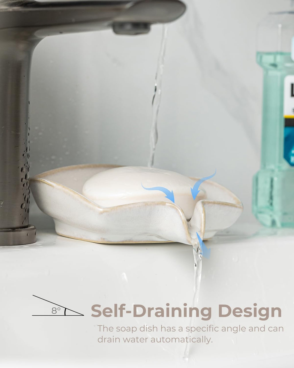 Zoeeker Self Draining Soap Dish, Ceramic Soap Holder with Waterfall Design