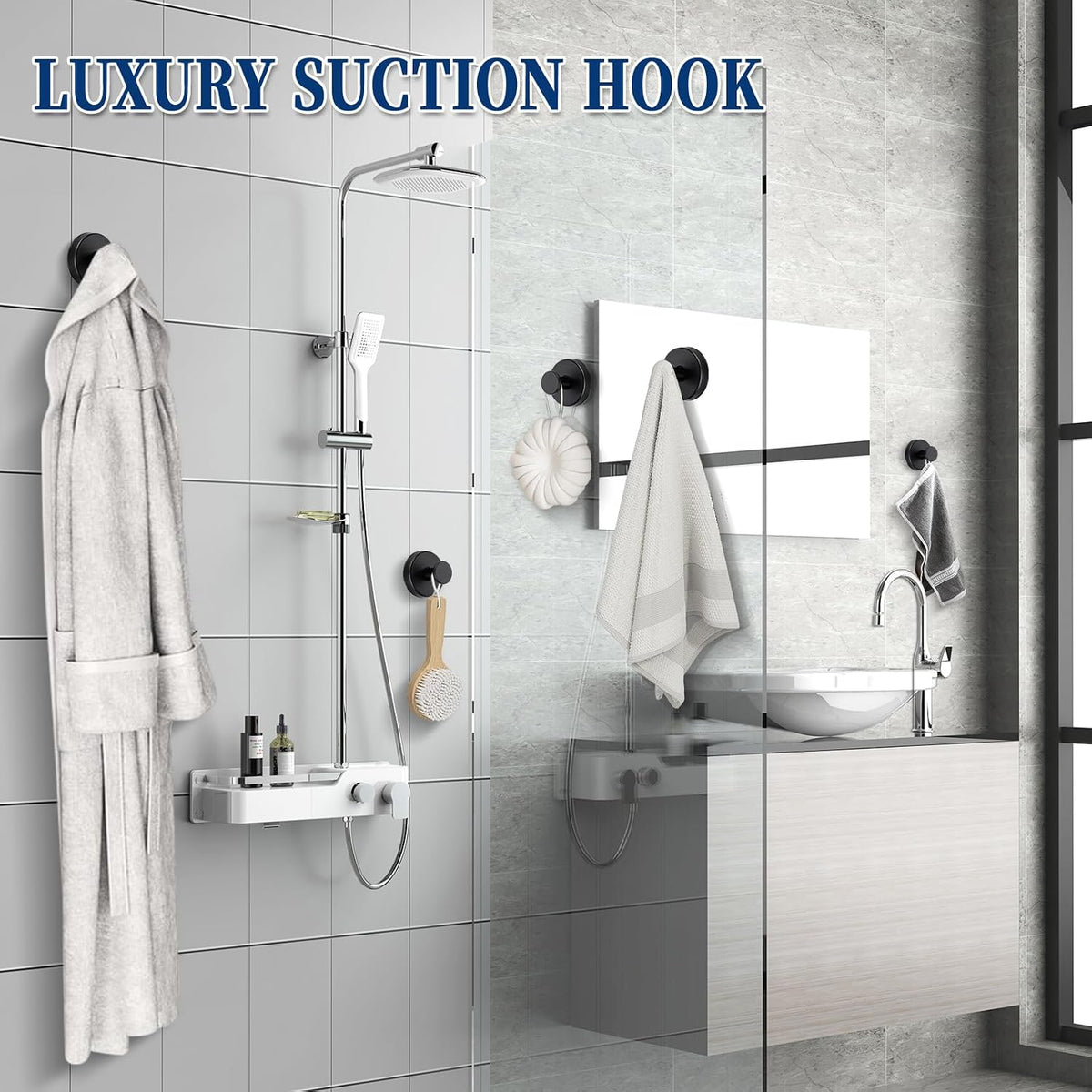 Suction Cup Hooks No Drill Stainless Steel Shower Hooks Towel Hook Heavy Duty on Smooth and Non-Porous Surfaces in Bathrooms Kitchen Bedroom (2, Matte Black)