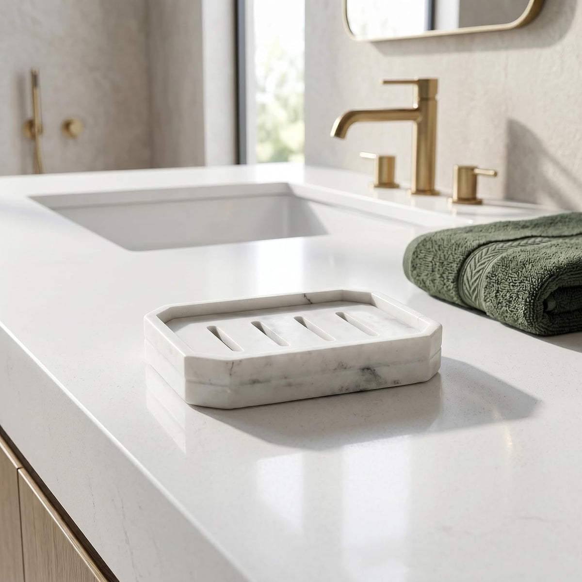 Drainable Soap Dish, Double Layer Resin Soap Holder with Marble-Look, Non-Slip Silicone Feet Soap Saver for Bathroom