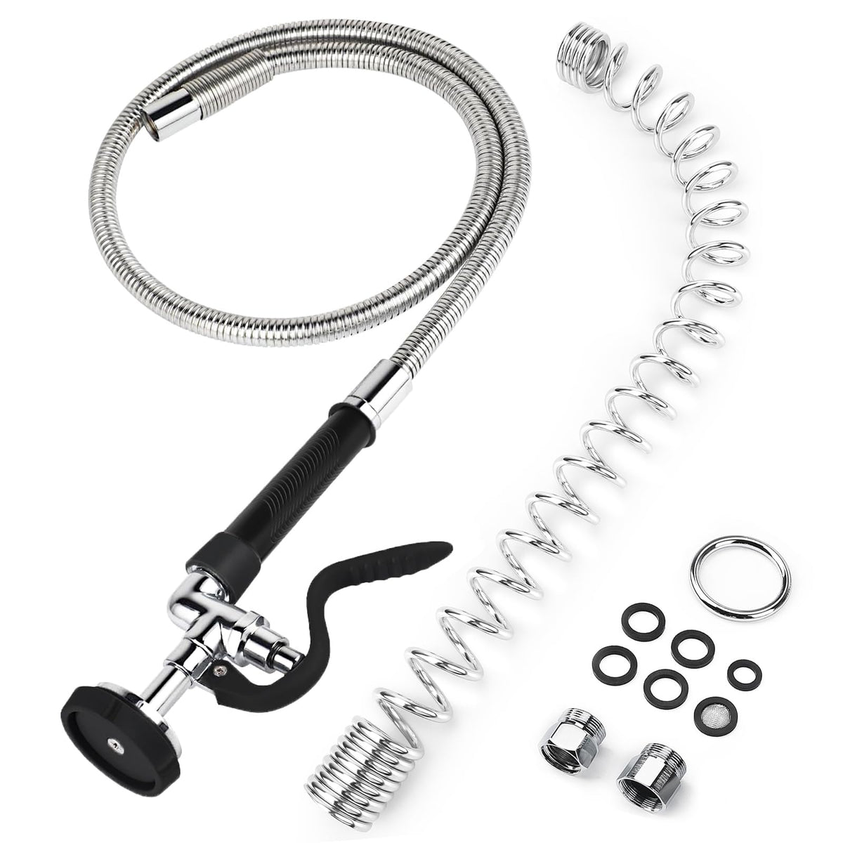 Spray Valve with 38" Flexible Stainless Steel Hose & Pre-Rinse Overhead Spring, Commercial Faucet Flexible Hose with Spray Head Replacement Kit for Commercial Restaurant Industrial Kitchen Sink Faucet