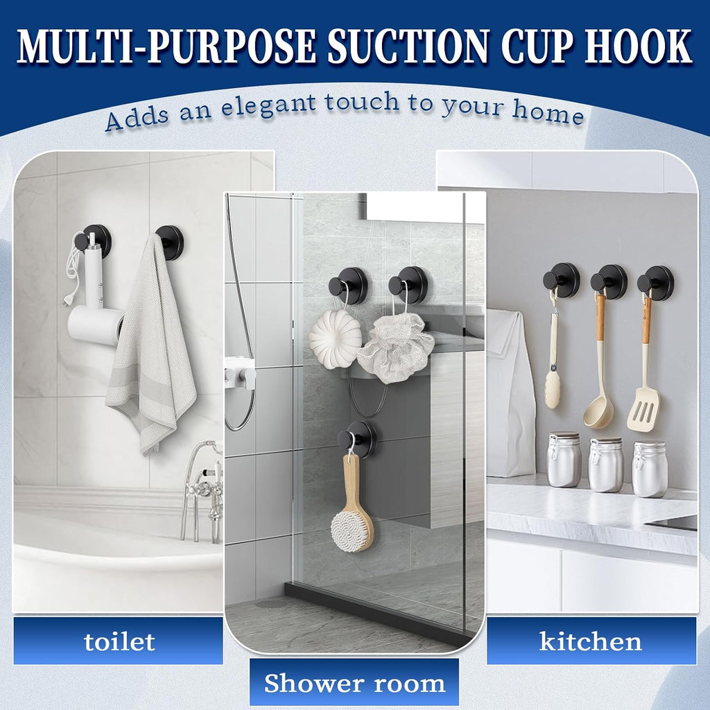 Suction Cup Hooks No Drill Stainless Steel Shower Hooks Towel Hook Heavy Duty on Smooth and Non-Porous Surfaces in Bathrooms Kitchen Bedroom (2, Matte Black)