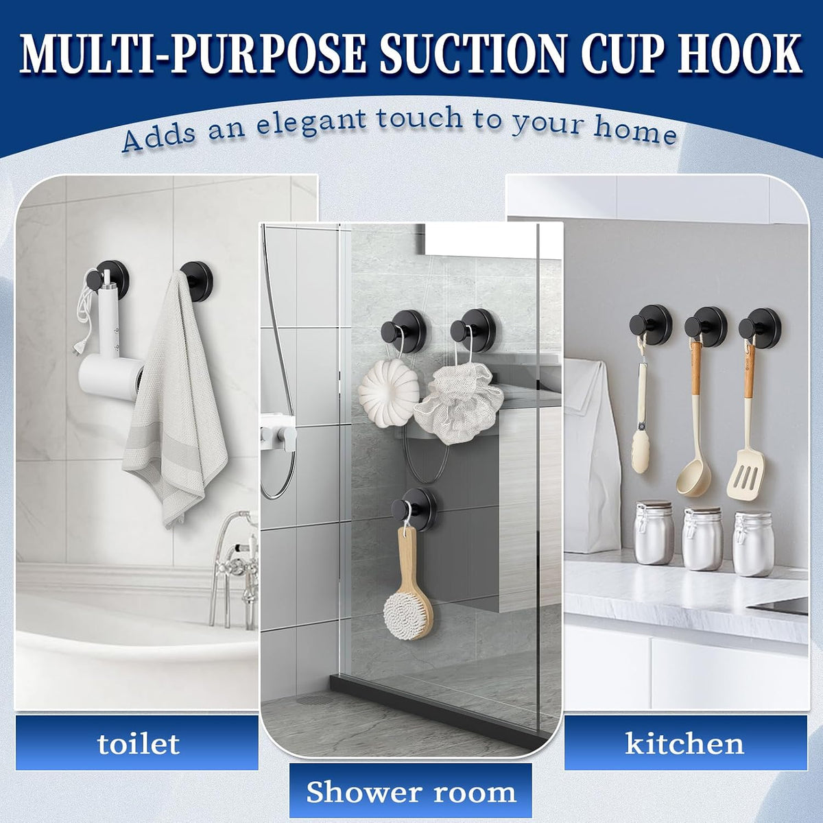Suction Cup Hooks No Drill Stainless Steel Shower Hooks Towel Hook Heavy Duty on Smooth and Non-Porous Surfaces in Bathrooms Kitchen Bedroom (2, Matte Black)
