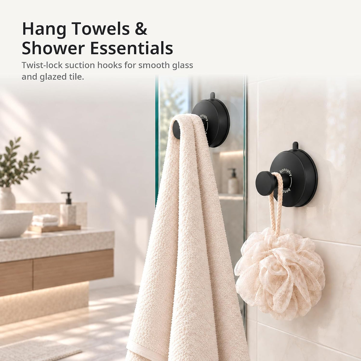 Suction Cup Shower Hooks for Bathroom, Matte Black, 2 Pack