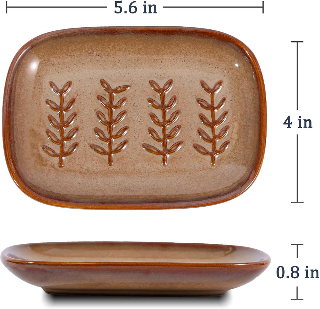 HighHerz Aesthetic Ceramic Soap Dish for Shower, Soap Holder with Raised Relief, Shower Soap Dish for Shampoo Bar Or Sponge, Soap Saver for Bathroom, Kitchen, Sink, Decorative Soap Tray (Brown)