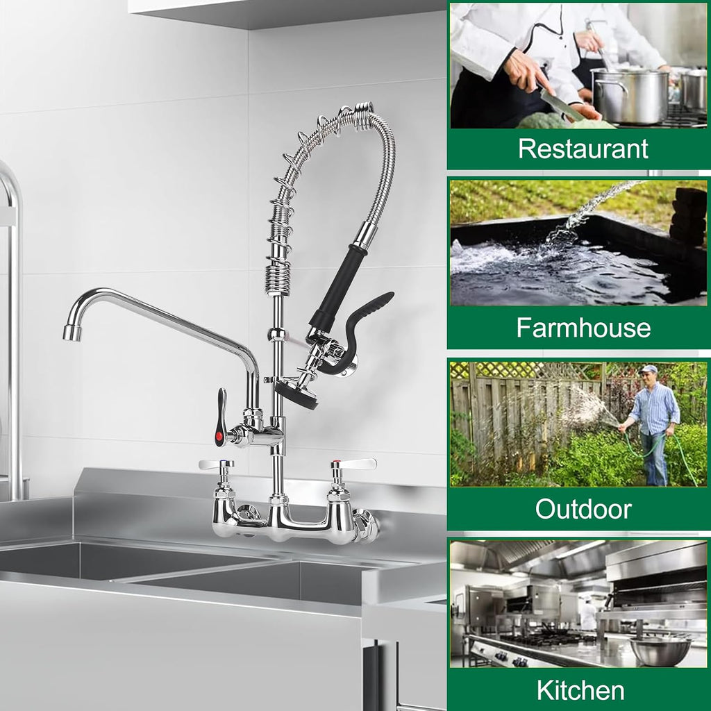 Commercial Kitchen Faucet Wall Mount with Pre Rinse Sprayer, 25" Height 8" Adjustable Center Wall Mount Restaurant Sink Faucet with 12" Swivel Add-on Spout and Pull Down Sprayer